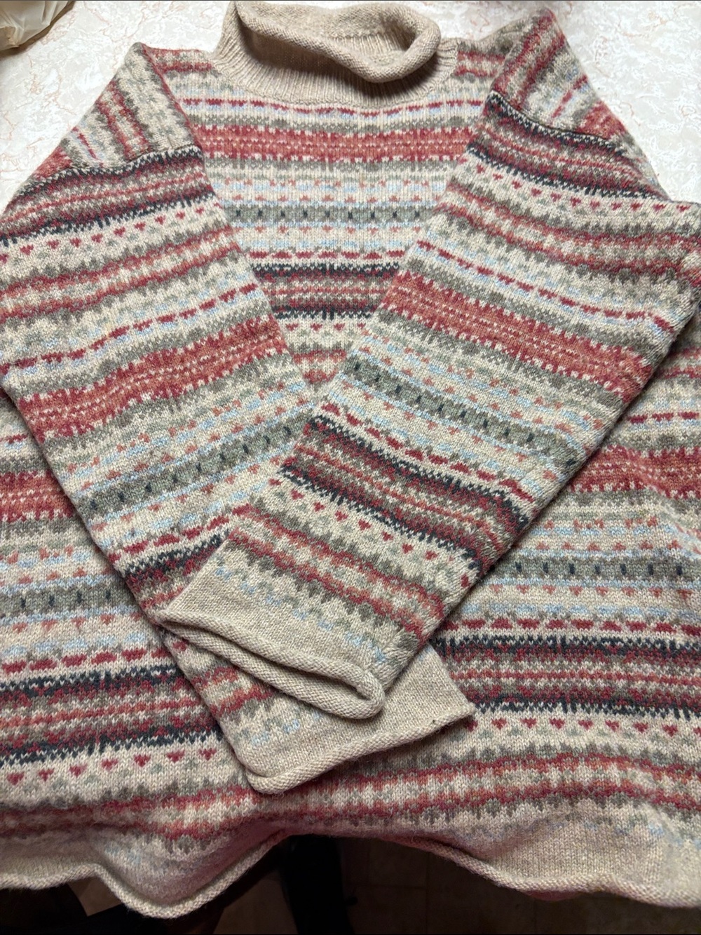 Forenza Fair Isle Cowl Neck Sweater in Beige, Red, Blue and Gray